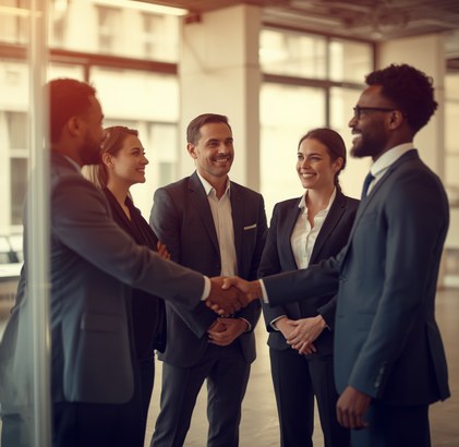 Corporate team shaking hands in a meeting room