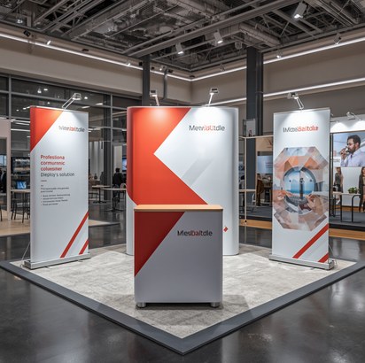 Branded exhibition booth with roll-up banners and a promotional counter