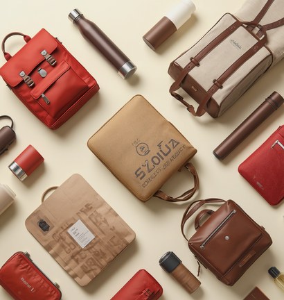 Flat lay of corporate gifting products including bags, flasks and folios