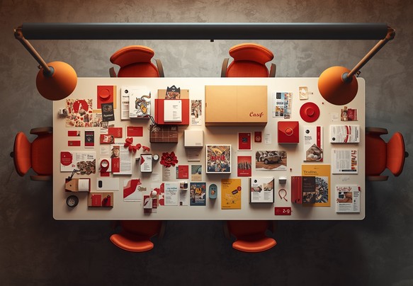 Overhead view of printed branding collateral laid out on a studio table