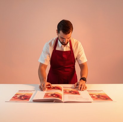 Press operator checking colour on a printed catalogue proof